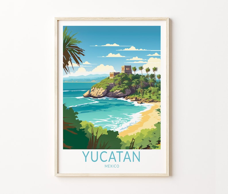 K&ouml;nnte beinhalten: Eine farbenfrohe Illustration einer tropischen Insel mit einem Strand, dem Meer und einem Geb&auml;ude auf einem H&uuml;gel. Der Text "YUCATAN MEXIKO" befindet sich am unteren Rand des Bildes.