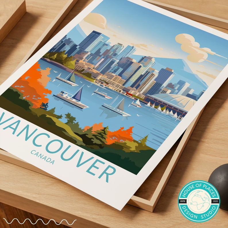 May include: A colourful illustration of the Vancouver skyline with the text "Vancouver, Canada" in blue and white. The illustration features a cityscape with buildings, a body of water with boats, and a green park with trees.