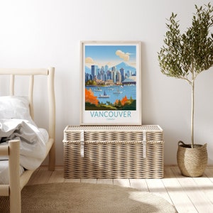 May include: A vintage-style poster with an illustration of the Vancouver skyline, featuring a blue waterfront with sailboats and a mountain in the background. The poster has the text "VANCOUVER CANADA" at the bottom.