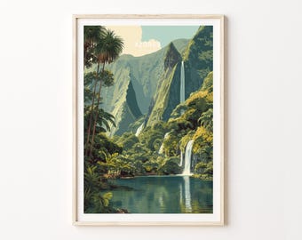 Póster de las Azores, Portugal – Arte mural de montaña tropical, lámina de paisaje con cascada para decoración del hogar
