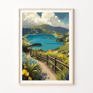May include: A framed art print of a scenic landscape featuring a blue lake surrounded by green hills and a walking path. The print includes the word "AZORES" at the top. Yellow and blue flowers line the path.