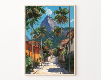 Rio de Janeiro Brazil Oil Painting Travel Poster Print – Colorful Street and Palm Trees Wall Art