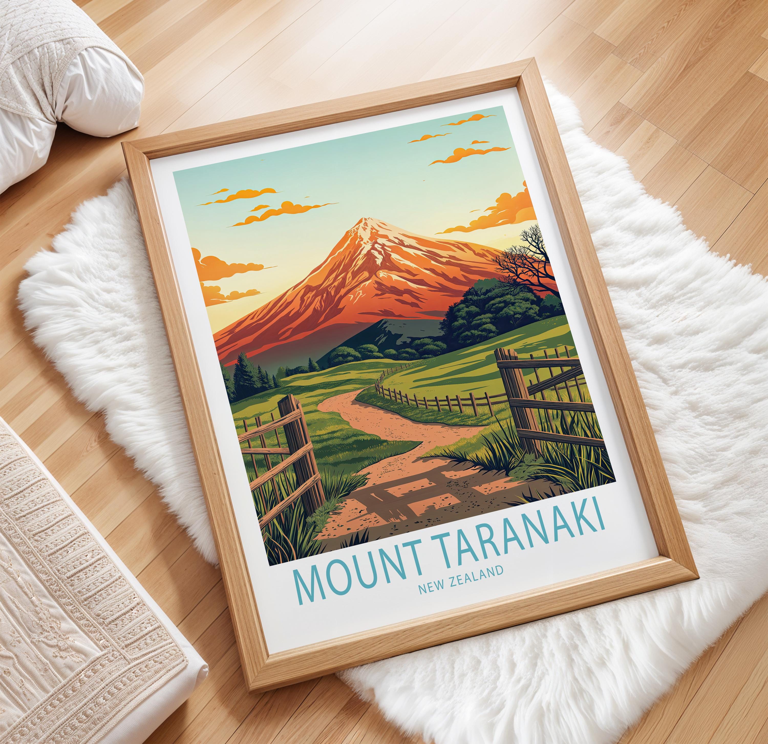 Mount Taranaki Travel Poster, New Zealand Egmont Wall Art, Mount