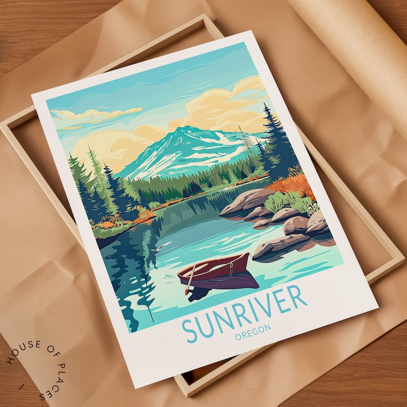 May include: A vintage-style travel poster featuring a scenic lake with a small red boat in the water. The lake is surrounded by trees and a mountain in the background. The text "SUNRIVER OREGON" is at the bottom of the poster.
