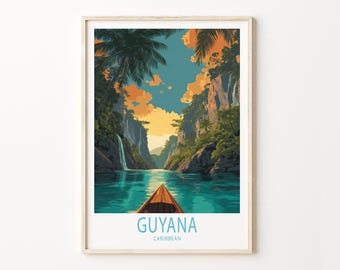 May include: A framed art print featuring a vibrant landscape of Guyana. The artwork depicts a river scene with a boat, waterfalls, and lush green vegetation under a colorful sky. The text "GUYANA CARIBBEAN" is at the bottom.