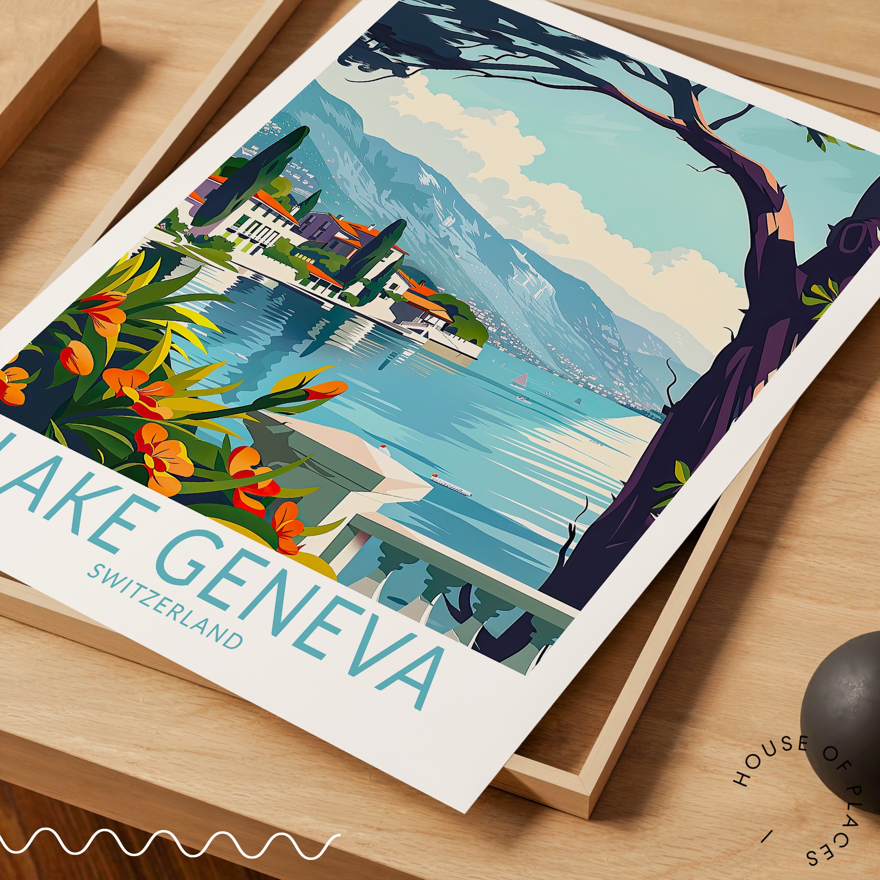 Lake Geneva Travel Poster, Switzerland Wall Art, Lake Geneva