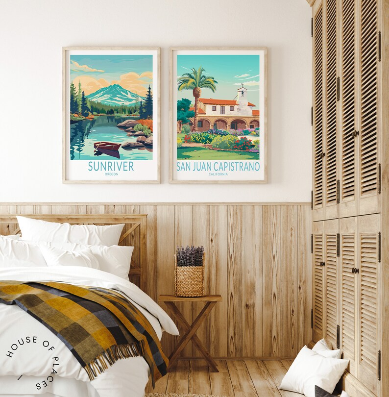 May include: Two framed travel posters, one featuring a lake and mountains with the text "Sunriver, Oregon" and the other featuring a building with the text "San Juan Capistrano, California".