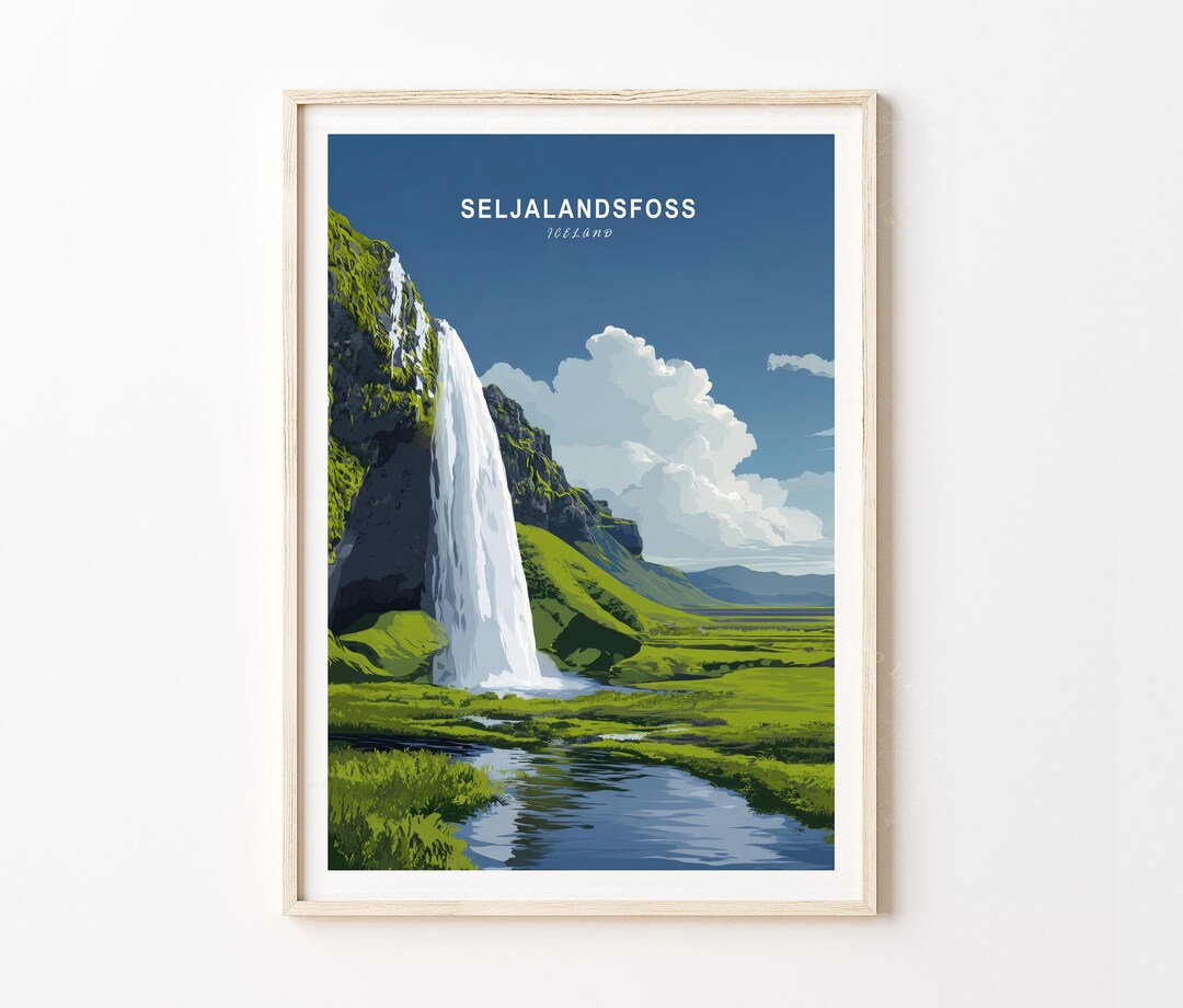 Seljalandsfoss Iceland Travel Poster, Scenic Waterfall Nature Art Print ...