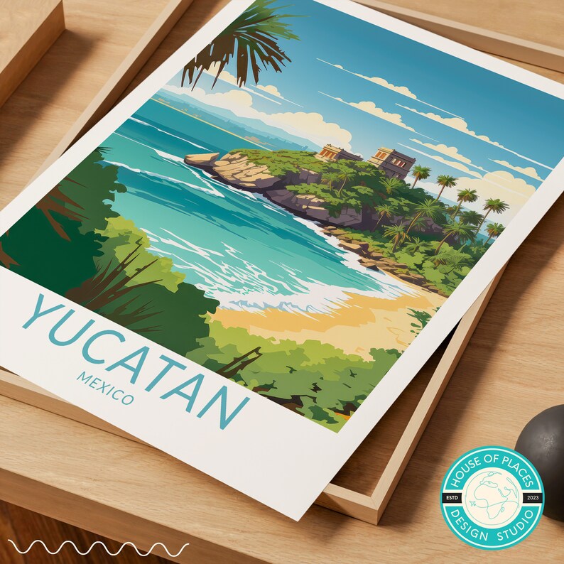 K&ouml;nnte beinhalten: Eine farbenfrohe Illustration einer tropischen Strandszene mit einer kleinen Insel, auf der sich ein Geb&auml;ude und Palmen befinden. Der Text "YUCATAN MEXIKO" befindet sich am unteren Rand des Bildes.