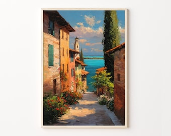 Póster de viaje con pintura al óleo de Sirmione, Italia / Arte del pueblo de Sirmione, Lago de Garda / Arte mural de Italia
