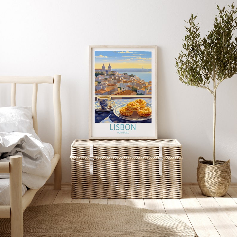 May include: A vintage travel poster with a view of Lisbon, Portugal, featuring a cityscape with buildings and a river. The poster also includes a plate of pastel de nata pastries and a cup of coffee.