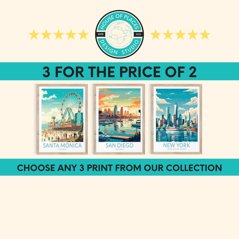 Puede incluir: Tres impresiones enmarcadas con ilustraciones coloridas de paisajes urbanos. Las impresiones representan Santa Monica, San Diego y Nueva York. El texto "3 por el precio de 2" se muestra arriba de las impresiones.