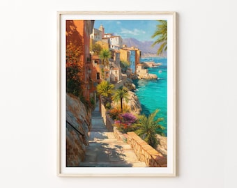 ムルシア（スペイン）の水彩画ポスター｜地中海沿岸の村の旅を描いた