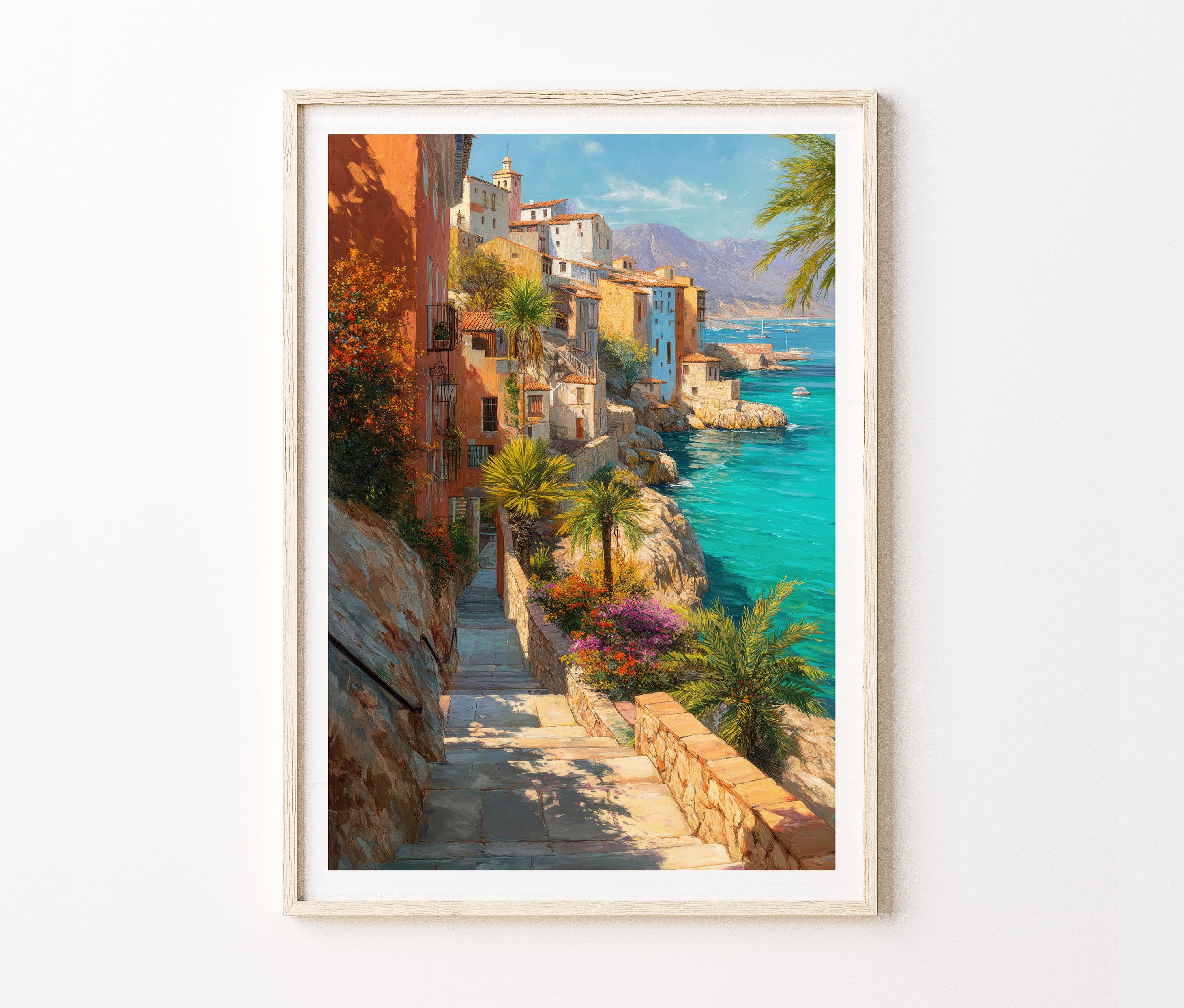 ムルシア（スペイン）の水彩画ポスター｜地中海沿岸の村の旅を描いた