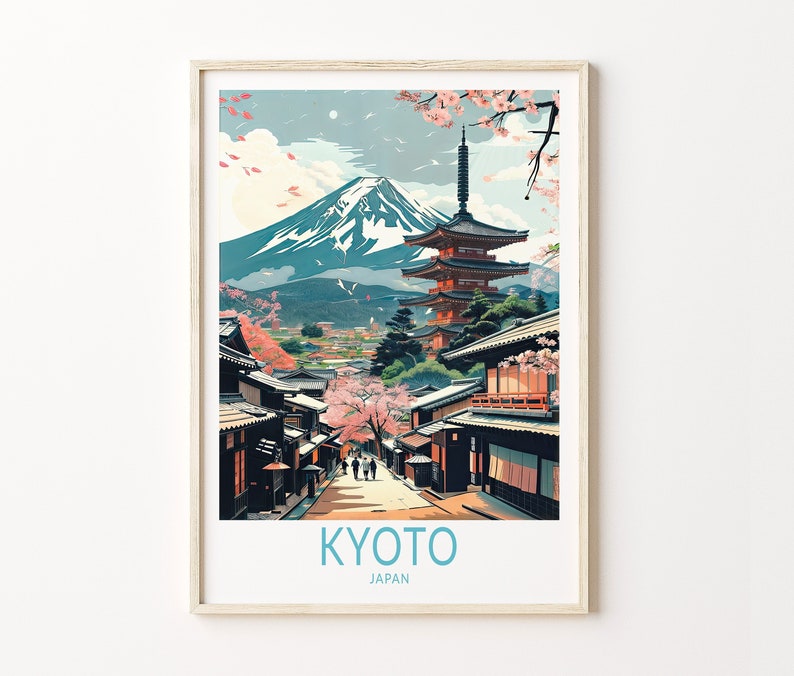 Puede incluir: Un p&oacute;ster de viaje vintage con una ilustraci&oacute;n colorida de una pagoda en Kioto, Jap&oacute;n. El p&oacute;ster presenta el monte Fuji en el fondo y flores de cerezo en primer plano. El texto "KYOTO JAP&Oacute;N" est&aacute; impreso en la parte inferior del p&oacute;ster.