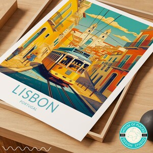 May include: A vintage-style illustration of a yellow tram traveling up a hill in Lisbon, Portugal. The tram is labeled "1206" and "FASSA". The illustration features colorful buildings and a blue sky.