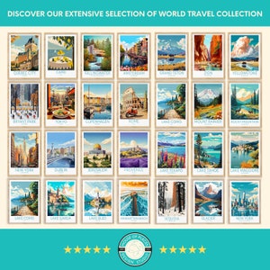 Puede incluir: Una colecci&oacute;n de 24 p&oacute;sters de viaje coloridos que representan varios destinos de todo el mundo. Cada p&oacute;ster tiene una ilustraci&oacute;n &uacute;nica y el nombre del lugar impreso en texto blanco. Los p&oacute;sters est&aacute;n dispuestos en una cuadr&iacute;cula sobre un fondo azul claro.