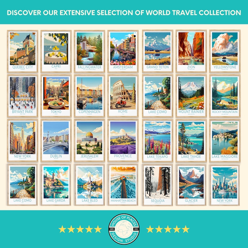 Puede incluir: Una colecci&oacute;n de 24 p&oacute;sters de viaje coloridos que representan varios destinos de todo el mundo. Cada p&oacute;ster tiene una ilustraci&oacute;n &uacute;nica y el nombre del lugar impreso en texto blanco. Los p&oacute;sters est&aacute;n dispuestos en una cuadr&iacute;cula sobre un fondo azul claro.