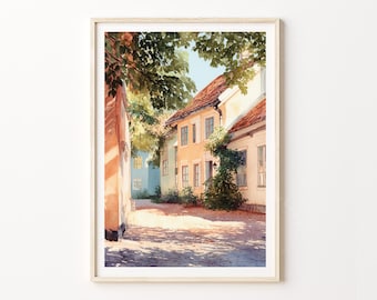 Lund Sweden Watercolor Travel Poster, Lund Street Scene Cozy Wall Art Print