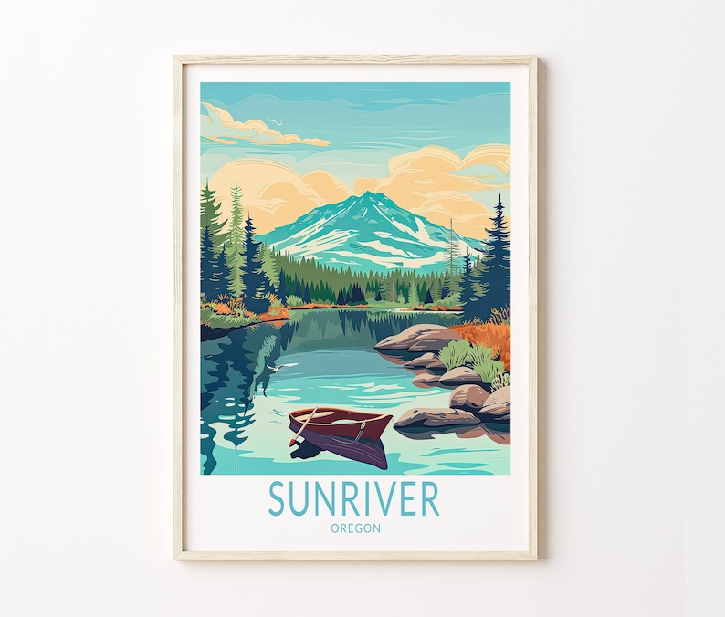 May include: A vintage-style illustration of a lake with a mountain in the background. The lake is surrounded by trees and there is a small red canoe in the water. The text "SUNRIVER OREGON" is at the bottom of the image.