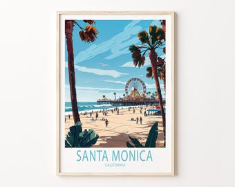 Póster de viaje de Santa Mónica, California, arte mural de viaje de California, impresión de Santa Mónica, regalo de boda, regalo de cumpleaños