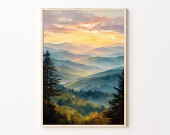 Puede incluir: Pintura de paisaje enmarcada que representa una cordillera al atardecer. El cielo transita del amarillo al rosa, con capas de montañas azules. Primer plano con árboles verde oscuro.