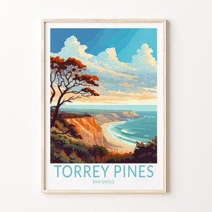Póster de viaje de Torrey Pines, San Diego, arte mural, póster de viaje de Torrey Pines, California, arte mural de la costa de California, decoración del hogar para viajeros costeros