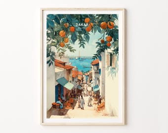 May include: Watercolor print of a street scene in Dakar, Senegal. The artwork features buildings with orange rooftops, a blue sea, and orange fruit hanging from branches. The word "DAKAR" is visible at the top.