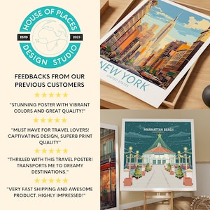 Puede incluir: Una colecci&oacute;n de p&oacute;sters de viaje con ilustraciones vibrantes de la ciudad de Nueva York, Manhattan Beach y otros destinos. Los p&oacute;sters est&aacute;n enmarcados y se muestran en una superficie de madera. El texto "HOUSE OF PLACES" es visible en la esquina inferior derecha de la imagen.