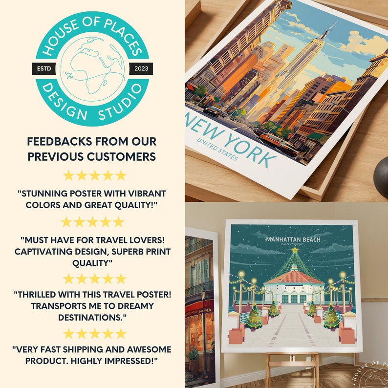 Puede incluir: Una colecci&oacute;n de p&oacute;sters de viaje con ilustraciones vibrantes de la ciudad de Nueva York, Manhattan Beach y otros destinos. Los p&oacute;sters est&aacute;n enmarcados y se muestran en una superficie de madera. El texto "HOUSE OF PLACES" es visible en la esquina inferior derecha de la imagen.