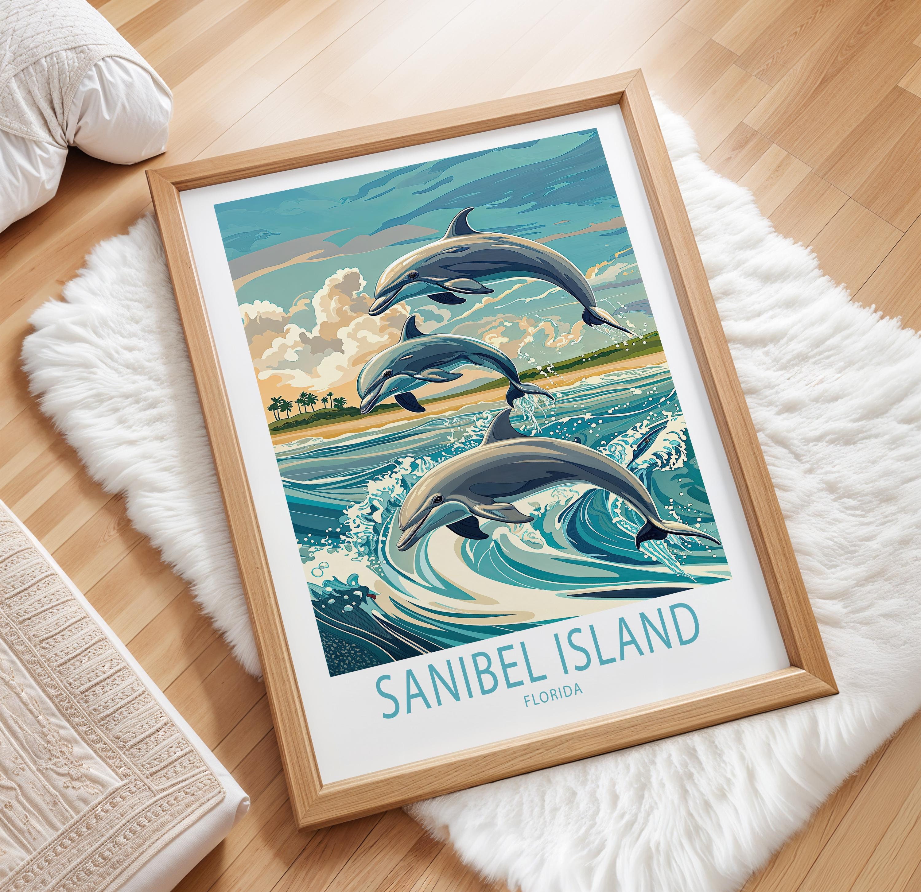 Sanibel Island Florida Reise Poster, Florida Wandkunst, Sanibel Island Delfin Druck, Dekoration, Geburtstagsgeschenk, personalisierte Geschenke