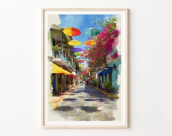 Puerto Plata Dominican Republic Watercolor Travel Poster, Colorful Street Wall Art Print