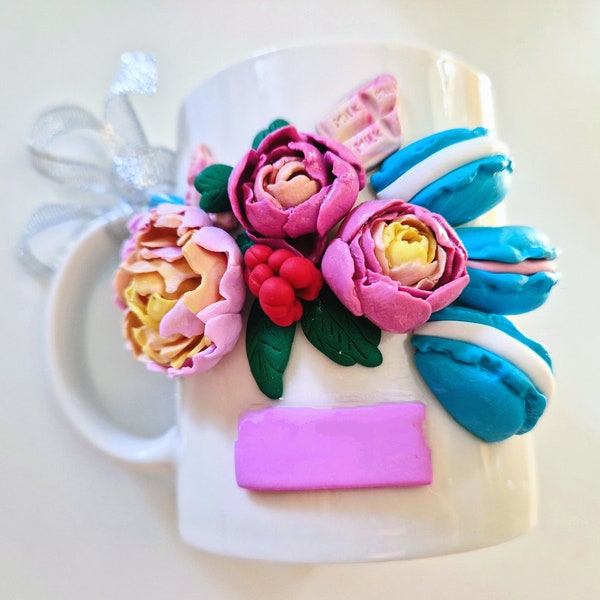 Set DIY créatif pour décorer mug en pâte polymère, fimo, pivoine, livres, framboise, macarons, déco de cuisine, cadeau pour maman ou médecin