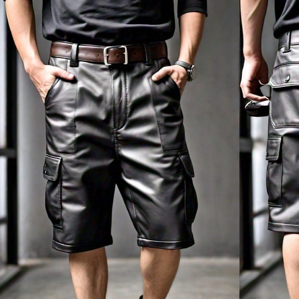 Mens Black Real Sheep Leather Cargo Shorts, Six Pockets Cargo Shorts, Gift for Men, Gym Shorts, Hand Crafted Genuine Leather Shorts