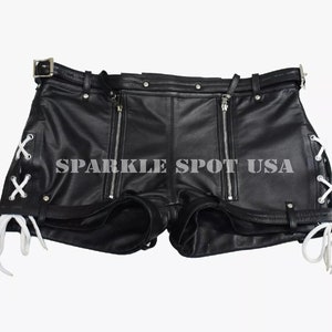 Men&#39;s Black Leather Bondage Shorts Real Sheep Leather Chasity Shorts Handmade Genuine Leather Shorts