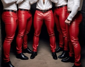 Mens Red Leather Genuine Sheep Skin Leather Party Pants - Skin Fit Pants - Man Leather Pants - Hand Made Leather Jeans