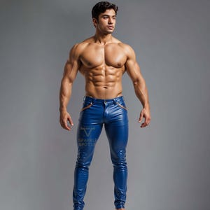 Men&#39;s Genuine Leather Pants - Blue Pants - Custom Leather Jeans - Handmade Real Leather Pants