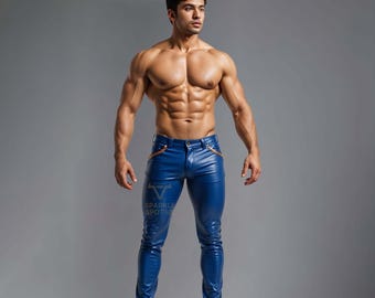 Pantalones de cuero de oveja genuino hechos a mano para hombre - Vaqueros de cuero azul