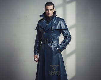 【00s archive】Blue Leather Long Coat Y2K Vintage Leda Spain by Gropper Long Leather Trench Coat Navy Blue