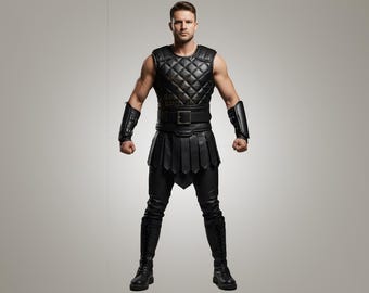 Handmade Cosplay Costume: Black Leather Gladiator Kilt Armor