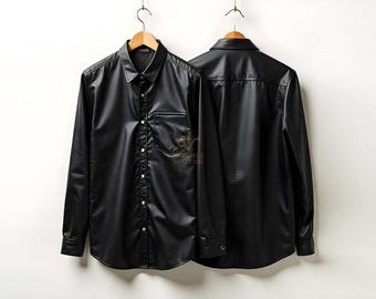 Camicia in pelle di agnello fatta a mano: camicia nera da uomo con bottoni