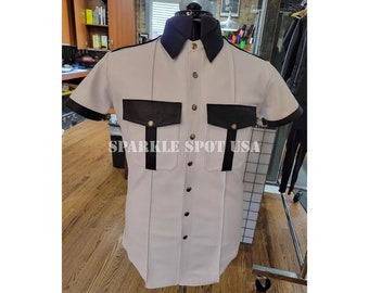 Men's Handmade Cow Leather Shirt: White & Black Biker Uniform