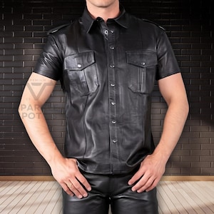 Genuine Sheep Leather T-Shirt - Mens Black Leather Shirt - Gift for Man - Handmade Police Leather Uniform - Leather Biker Shirt