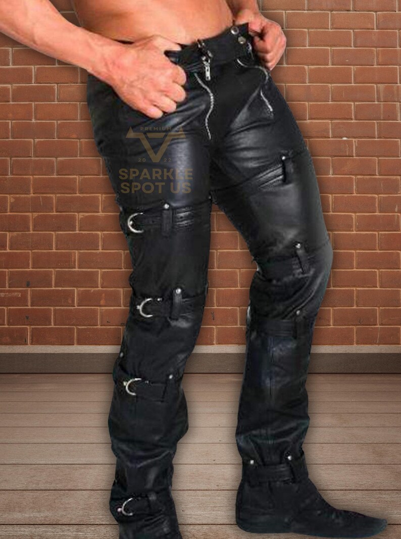 Handmade Black Cow Leather Biker Pants: Dual Zipper, Adjustable Straps image 2