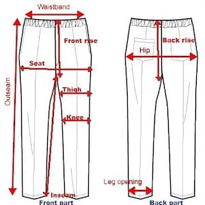 May include: Diagram showing the different measurements for a pair of pants, including the waistband, front rise, seat, thigh, knee, inseam, outseam, hip, back rise, leg opening, front part, and back part.