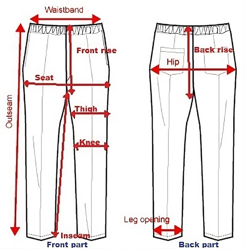 May include: Diagram showing the different measurements for a pair of pants, including the waistband, front rise, seat, thigh, knee, inseam, outseam, hip, back rise, leg opening, front part, and back part.