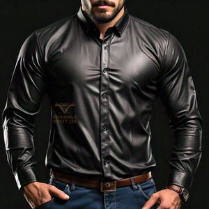 Real Black Leather Shirt, Gift for Men, Leather Shirt, Handmade Genuine Sheep Leather Shirt for Men&#39;s