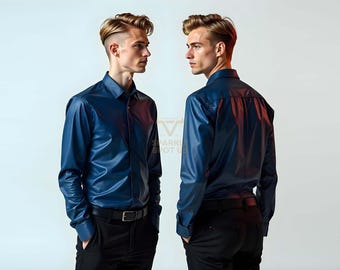 Può includere: Due uomini indossano camicie blu navy abbottonate a maniche lunghe e pantaloni neri. Le camicie hanno un aspetto lucido, simile alla pelle. Gli uomini sono in piedi davanti a uno sfondo bianco.