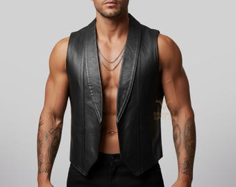 Handgemaakt schapenleren barvest: mouwloos jack met open voorkant, leren herenvest, biker-vest, leren kleding, op maat gemaakte kleding