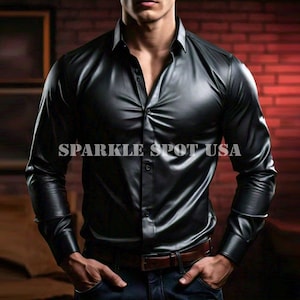 Mens Real Black Leather Shirt,  Lambskin Leather Shirt, Gift for Men, Handmade Genuine Sheep Leather Shirt for Men&#39;s